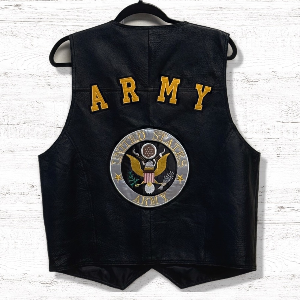 USA Leather Officially Licensed U.S. Army Black Leather Biker Vest Size Large